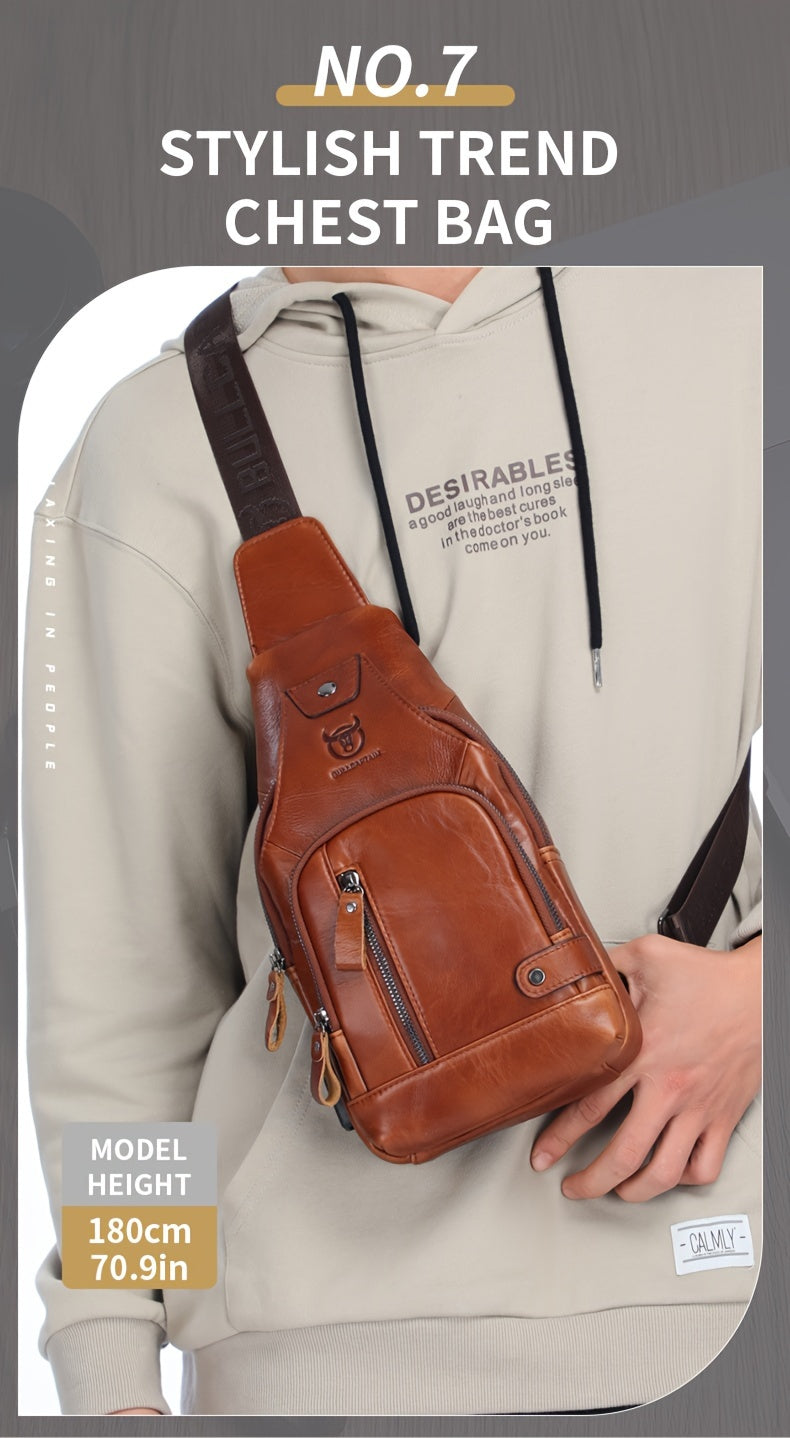 Fashion-Forward Men's Genuine Leather Bag: Adjustable, Spacious & Detailed for All Outings