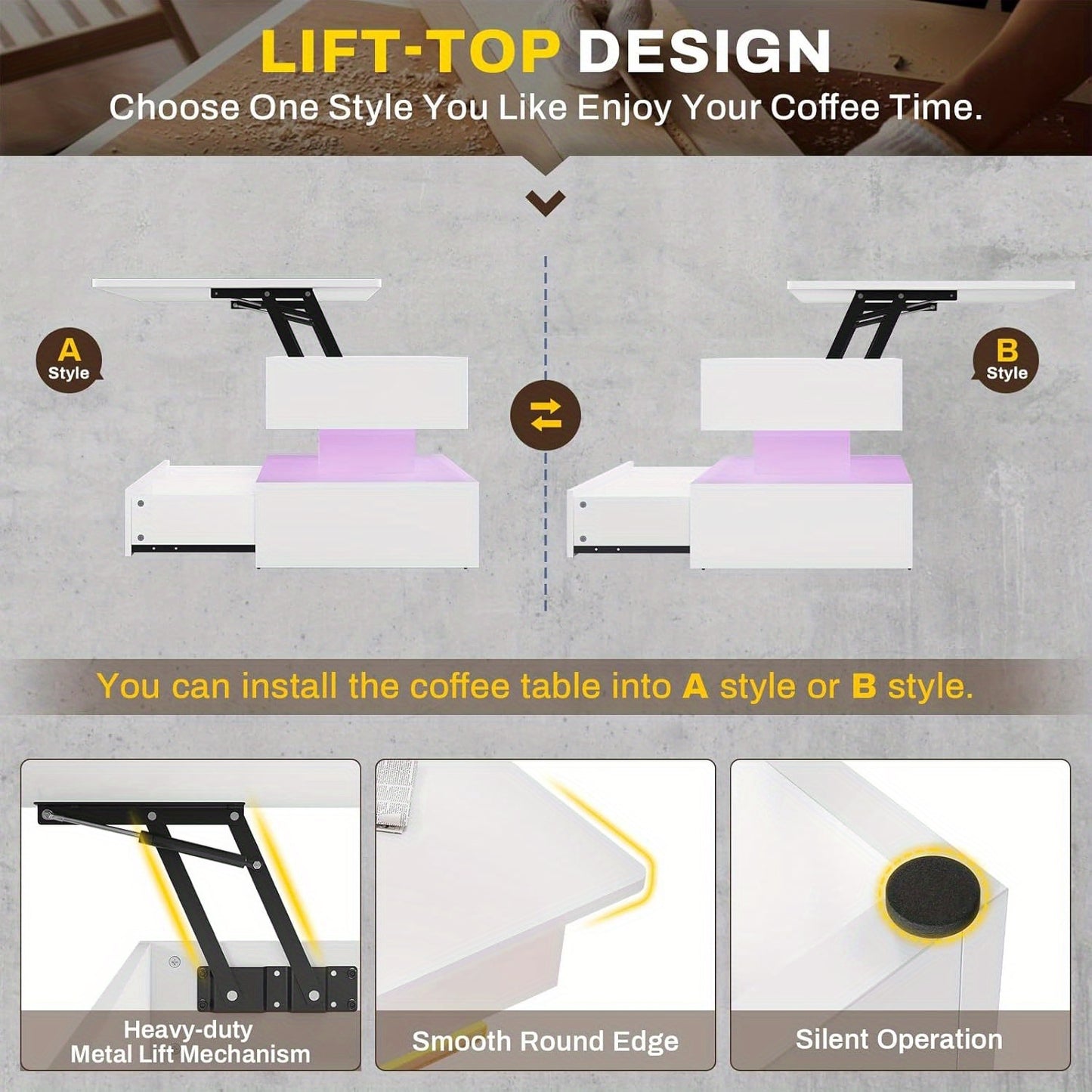 40" Lift-Top Coffee Table with LED Light & Storage Shelves - Adjustable Height, USB-Powered Modern Design, Large Capacity for Living Room, Bedroom, Office, Coffee Table for Living Room, Contemporary Furniture, Sleek Metal Fin