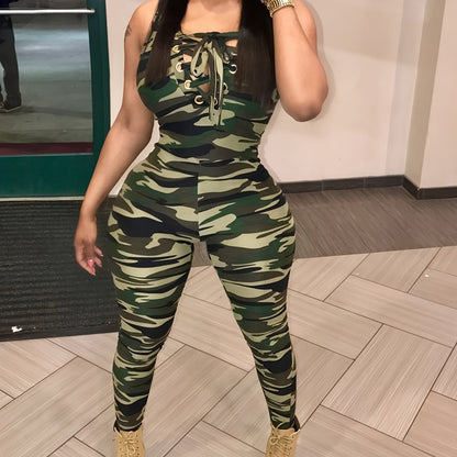 Sleeveless Leopard Print Sexy Jumpsuit, Skinny Camouflage Knitted Jumpsuit, Women's Clothing