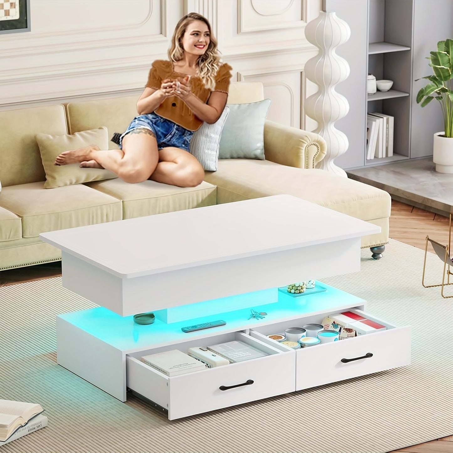 40" Lift-Top Coffee Table with LED Light & Storage Shelves - Adjustable Height, USB-Powered Modern Design, Large Capacity for Living Room, Bedroom, Office, Coffee Table for Living Room, Contemporary Furniture, Sleek Metal Fin