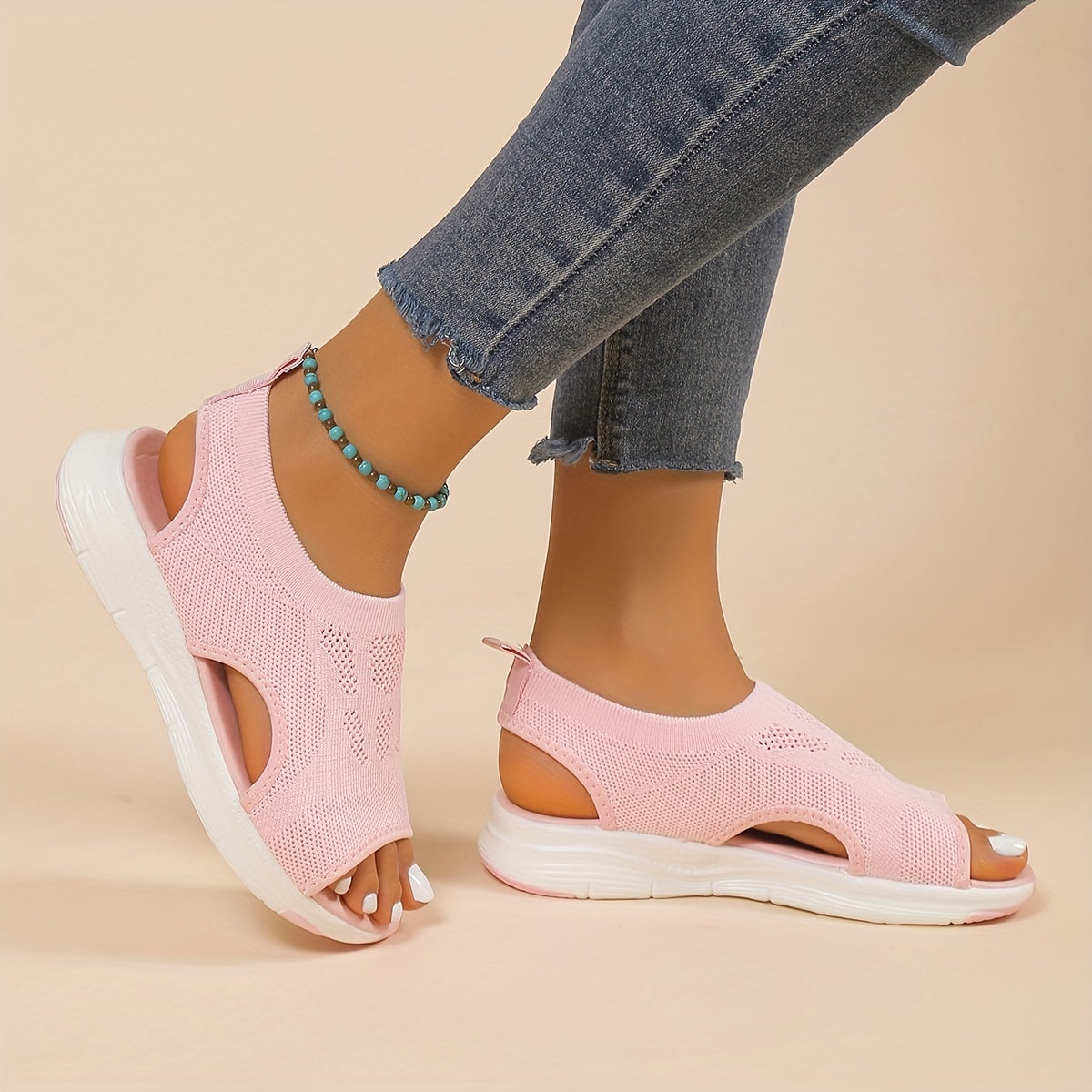 [Knitted Sandals] Lightweight Women's Knitted Cut-out Sandals | Solid Color Open Toe Slip On Shoes, Wedge Shoes