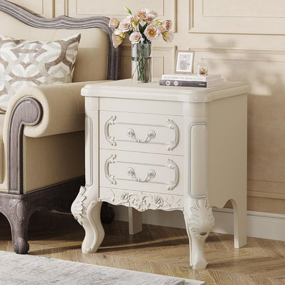 White Nightstand, End Table with 2 Drawers, Carved Bedside Tables, Side Table for Living Room, Classic Night Stand Furniture