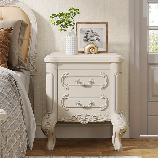 White Nightstand, End Table with 2 Drawers, Carved Bedside Tables, Side Table for Living Room, Classic Night Stand Furniture