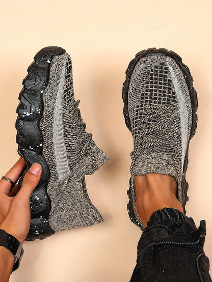 Men'S Casual Sneakers - Breathable Knit Upper, Geometric Pattern, Lace-Up Closure, Durable Rubber Sole, Comfortable Fabric Lining for Spring Sports & Casual Attire, Athletic Footwear | Geometric Pattern Shoes | Knit Construct