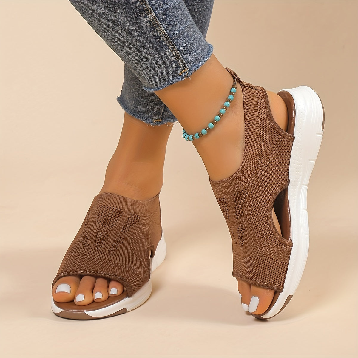 [Knitted Sandals] Lightweight Women's Knitted Cut-out Sandals | Solid Color Open Toe Slip On Shoes, Wedge Shoes