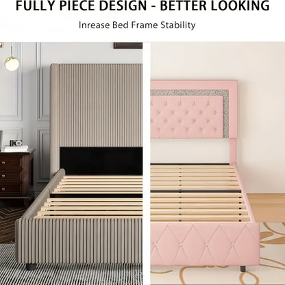 Bedroom Furniture| Elegant Beige Corduroy Upholstered Bed Frame - Soft, Low Profile Platform Bed with Vertical Tufted Headboard, No Box Spring Needed, Easy Assembly, Hardwood Fiber Board, Full Body Support, Bed Accessories