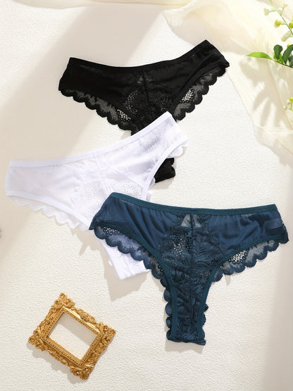 3 Pcs Sexy Lacy Trim Briefs, Breathable Semi-Sheer Thong - Women's Lingerie & Underwear - Lace Trim & Breathable Fabric - For Women - Perfect for Romantic Occasions - Ideal Gift for Her
