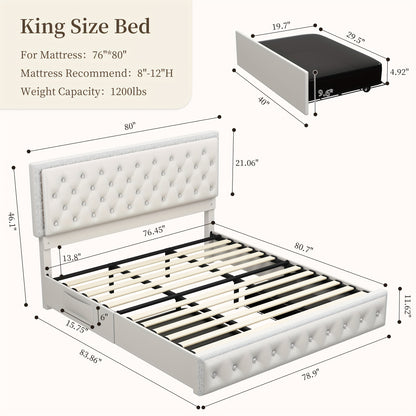 Sibeds Queen Size Upholstered LED Bed Frame With Storage Drawers, King Size Platform Storage Full Bed With Crystal Button Tufted Headboard And Solid Slats Support, Noise Free, No Box Spring Needed, PU Luxury Beds Girls Men's