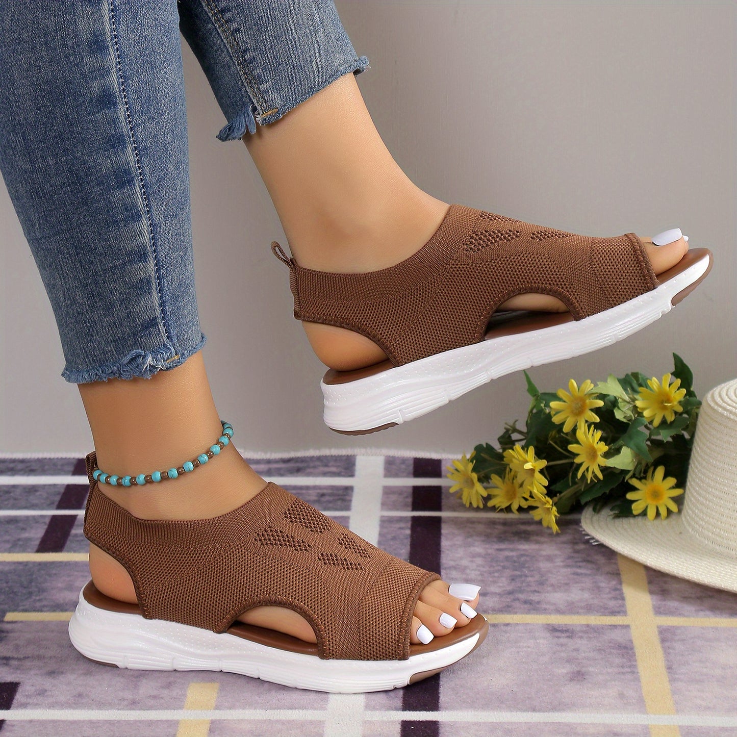 [Knitted Sandals] Lightweight Women's Knitted Cut-out Sandals | Solid Color Open Toe Slip On Shoes, Wedge Shoes