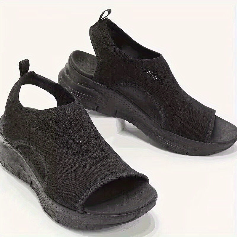 [Knitted Sandals] Lightweight Women's Knitted Cut-out Sandals | Solid Color Open Toe Slip On Shoes, Wedge Shoes