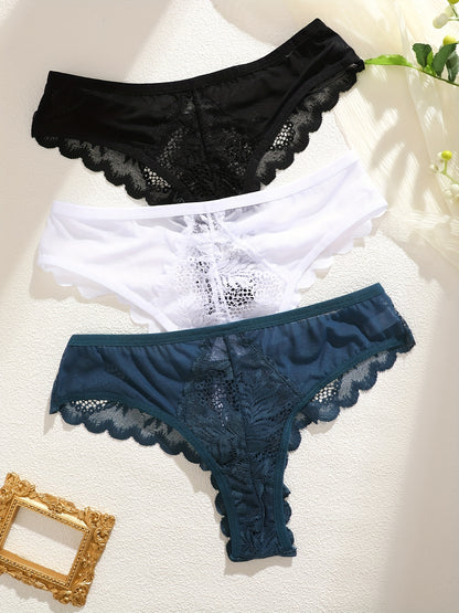 3 Pcs Sexy Lacy Trim Briefs, Breathable Semi-Sheer Thong - Women's Lingerie & Underwear - Lace Trim & Breathable Fabric - For Women - Perfect for Romantic Occasions - Ideal Gift for Her