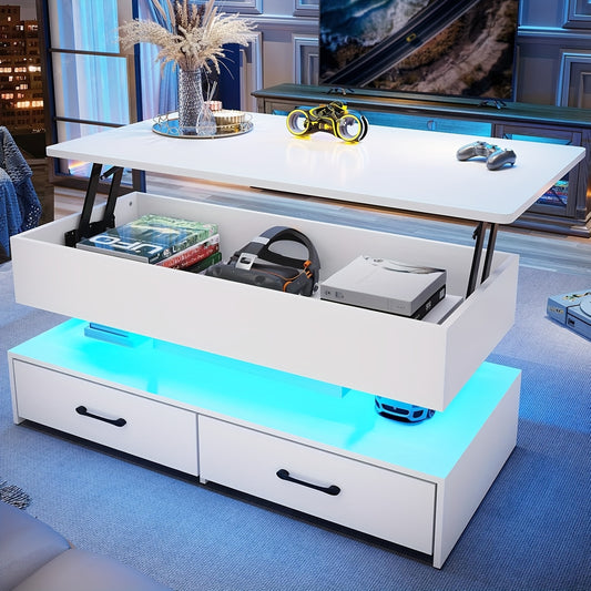 40" Lift-Top Coffee Table with LED Light & Storage Shelves - Adjustable Height, USB-Powered Modern Design, Large Capacity for Living Room, Bedroom, Office, Coffee Table for Living Room, Contemporary Furniture, Sleek Metal Fin