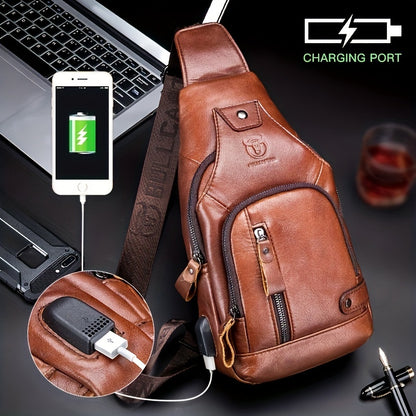 Fashion-Forward Men's Genuine Leather Bag: Adjustable, Spacious & Detailed for All Outings
