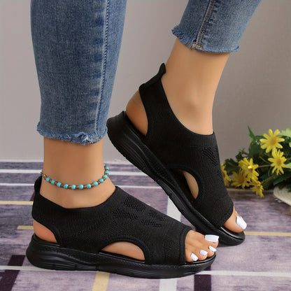 [Knitted Sandals] Lightweight Women's Knitted Cut-out Sandals | Solid Color Open Toe Slip On Shoes, Wedge Shoes