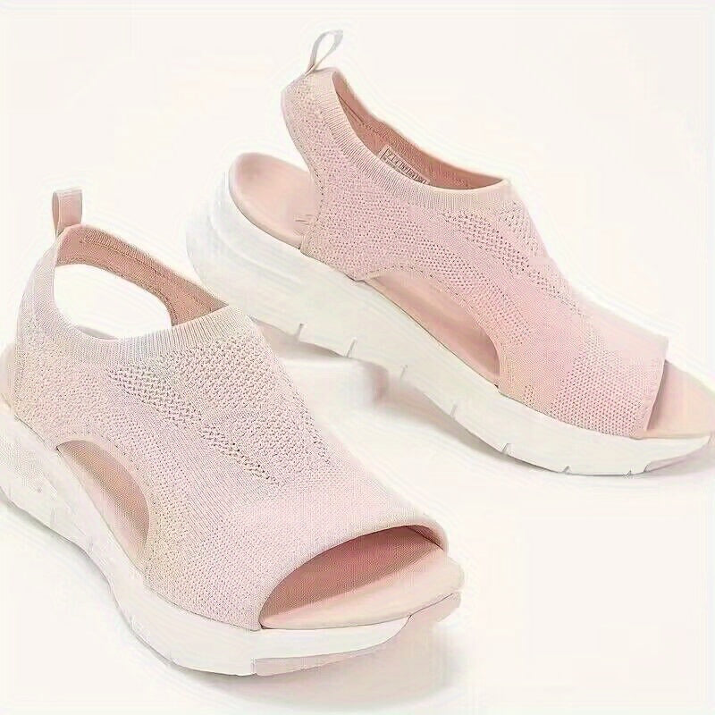 [Knitted Sandals] Lightweight Women's Knitted Cut-out Sandals | Solid Color Open Toe Slip On Shoes, Wedge Shoes