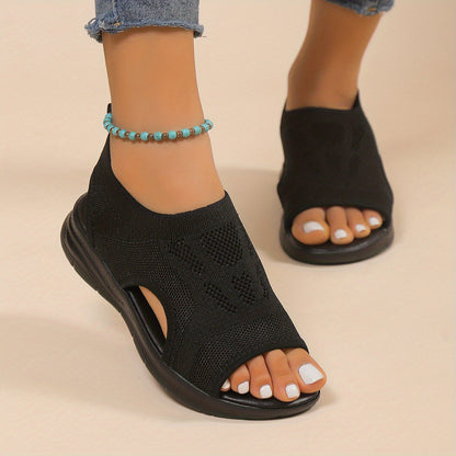 [Knitted Sandals] Lightweight Women's Knitted Cut-out Sandals | Solid Color Open Toe Slip On Shoes, Wedge Shoes