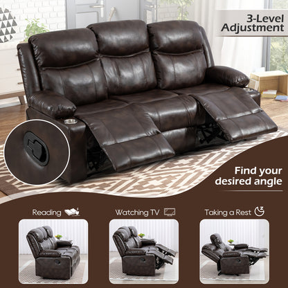 Consofa Manual Recliner Chair Set, Fabric Reclining Sofa Chair With Cup Holders, Upholstered Recliner With Side Pockets Suitable For Living Room Furniture (3Brown