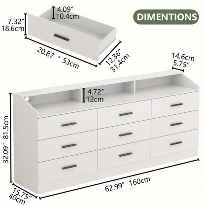 Modern Dresser with Integrated Power Outlet - 9-Drawer Storage Organizer, USB/US Plug, Space-Saving Design for Bedroom, Living Room, Entryway - Easy Assembly Required, Dresser for Bedroom, Bedroom Furniture, Contemporary Styl