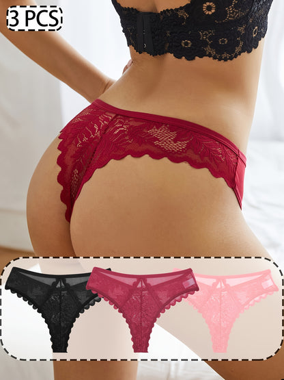 3 Pcs Sexy Lacy Trim Briefs, Breathable Semi-Sheer Thong - Women's Lingerie & Underwear - Lace Trim & Breathable Fabric - For Women - Perfect for Romantic Occasions - Ideal Gift for Her