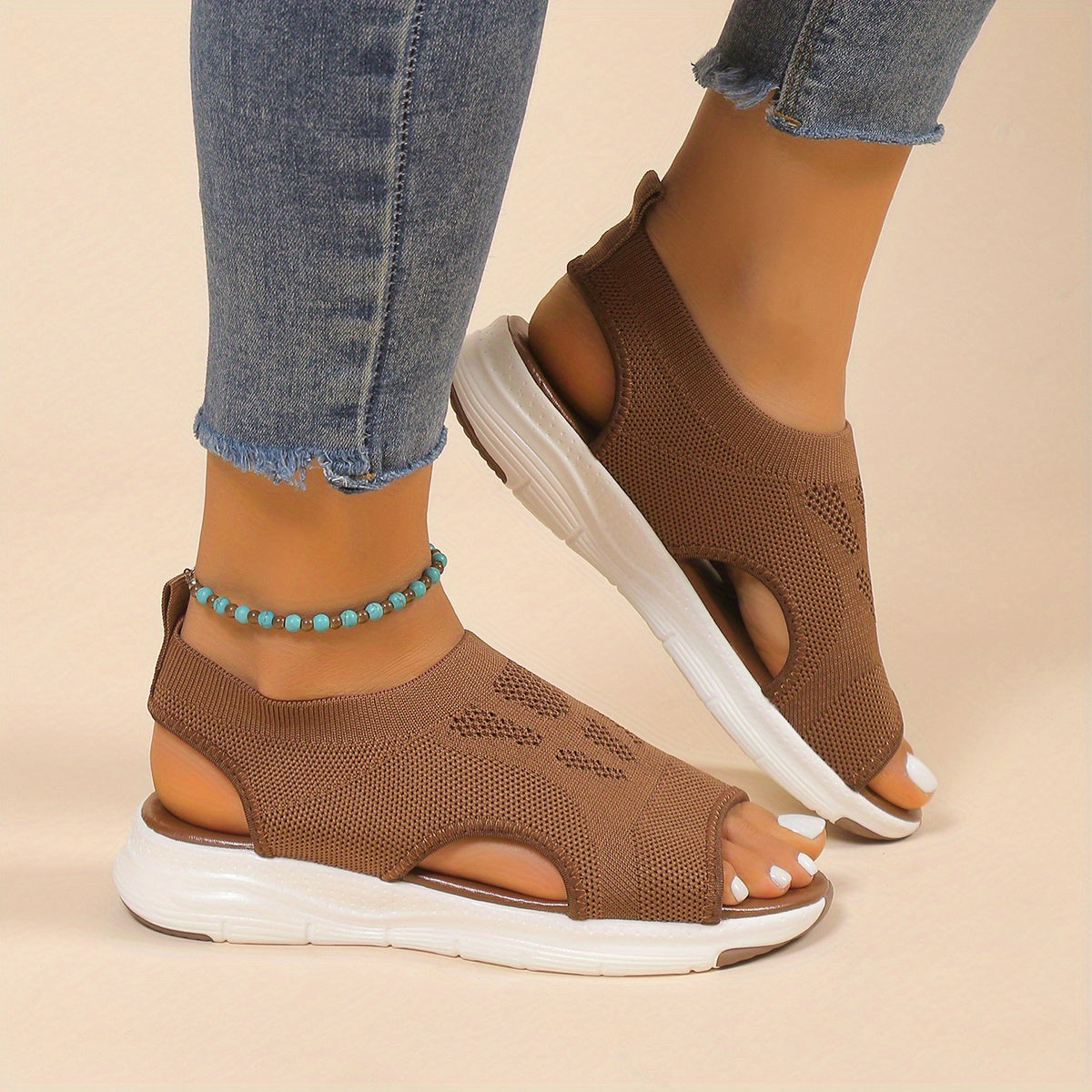 [Knitted Sandals] Lightweight Women's Knitted Cut-out Sandals | Solid Color Open Toe Slip On Shoes, Wedge Shoes