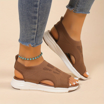 [Knitted Sandals] Lightweight Women's Knitted Cut-out Sandals | Solid Color Open Toe Slip On Shoes, Wedge Shoes