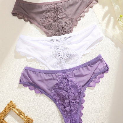 3 Pcs Sexy Lacy Trim Briefs, Breathable Semi-Sheer Thong - Women's Lingerie & Underwear - Lace Trim & Breathable Fabric - For Women - Perfect for Romantic Occasions - Ideal Gift for Her