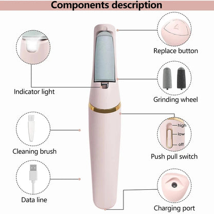Electric Foot File Grinder Set Dead Skin Dry Callus Remover Rechargeable Roller Feet Pedicure Tool with 2 Removable Roller Heads