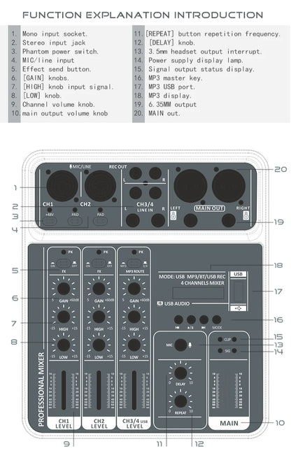 4 Channel Audio Mixer 48V Phantom Power USB Studio Sound Mixers Bluetooth DJ Console Mixing for Karaok