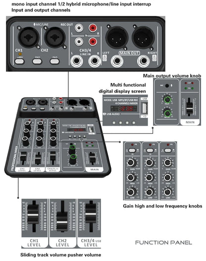 4 Channel Audio Mixer 48V Phantom Power USB Studio Sound Mixers Bluetooth DJ Console Mixing for Karaok
