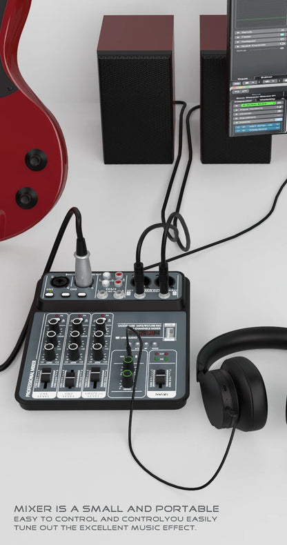 4 Channel Audio Mixer 48V Phantom Power USB Studio Sound Mixers Bluetooth DJ Console Mixing for Karaok