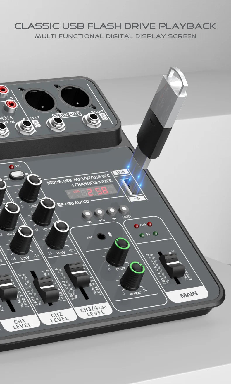 4 Channel Audio Mixer 48V Phantom Power USB Studio Sound Mixers Bluetooth DJ Console Mixing for Karaok