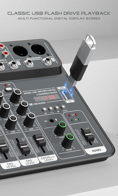 4 Channel Audio Mixer 48V Phantom Power USB Studio Sound Mixers Bluetooth DJ Console Mixing for Karaok