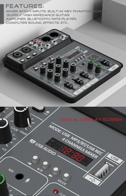 4 Channel Audio Mixer 48V Phantom Power USB Studio Sound Mixers Bluetooth DJ Console Mixing for Karaok