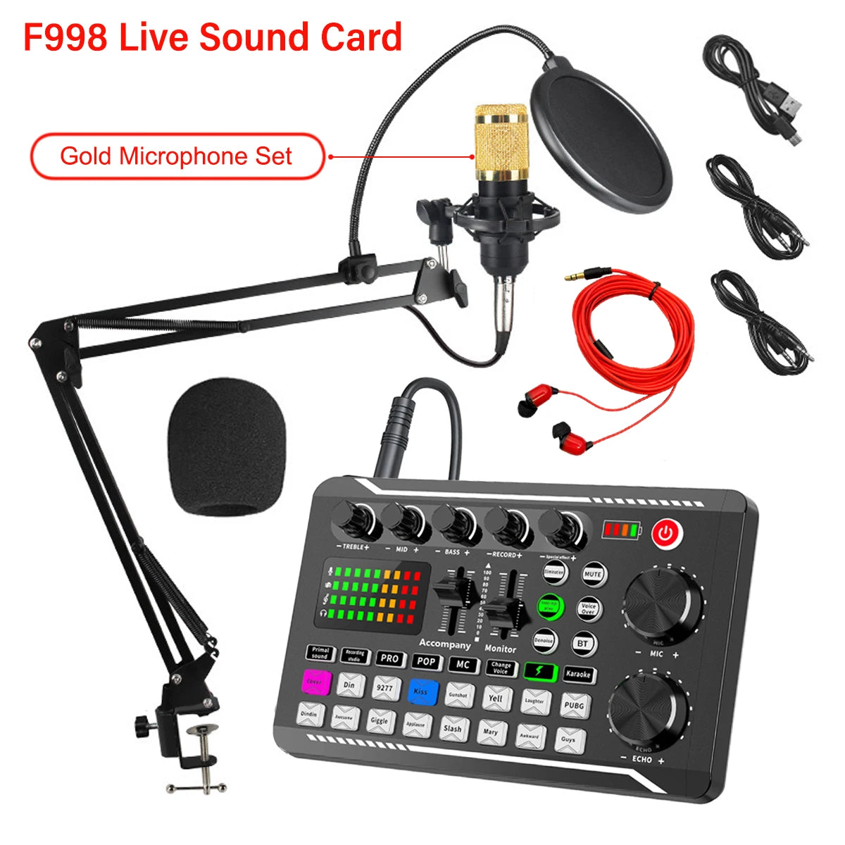 Podcast Live Streaming Bundle, F998 Wireless Bluetooth Live Sound Card with Microphone Set Mixer Recording Studio Live broadcast