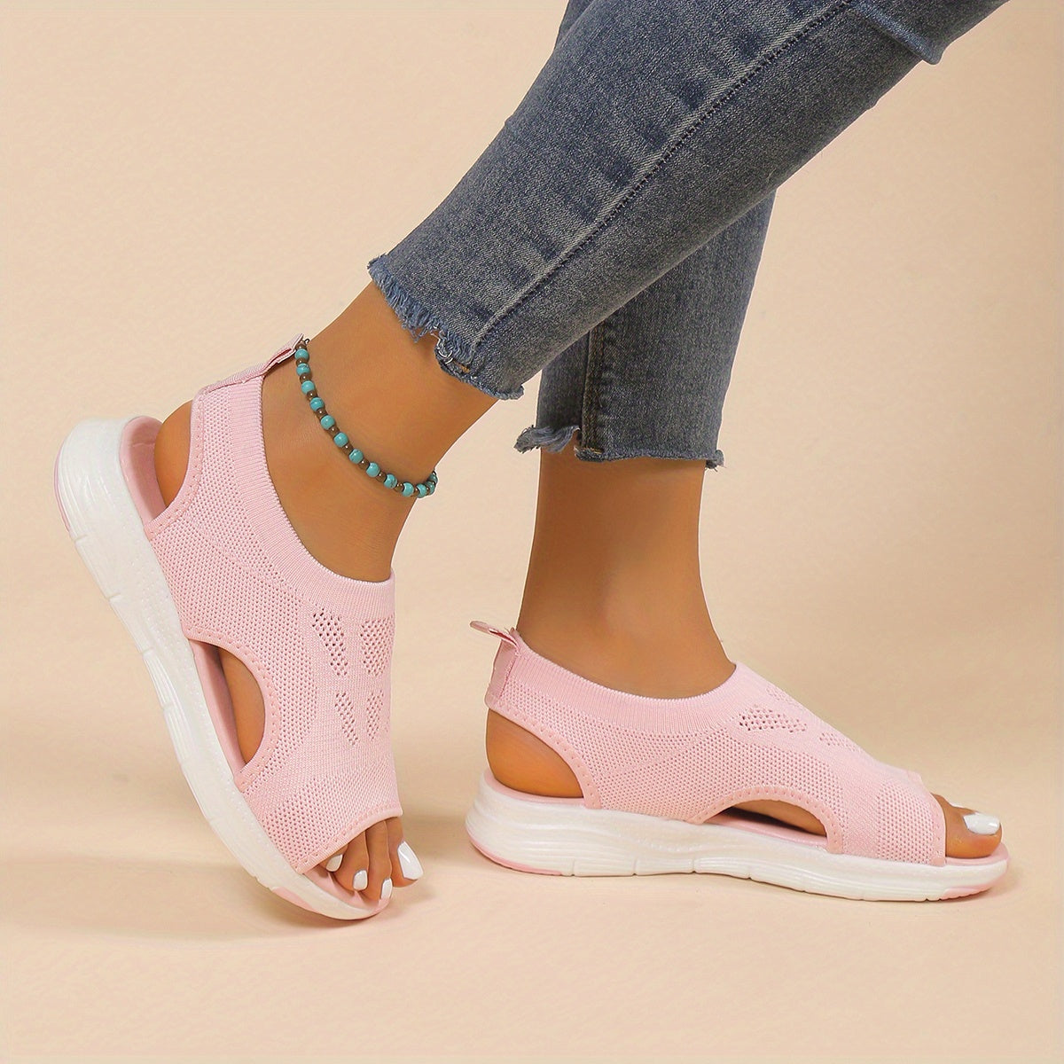 [Knitted Sandals] Lightweight Women's Knitted Cut-out Sandals | Solid Color Open Toe Slip On Shoes, Wedge Shoes