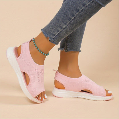 [Knitted Sandals] Lightweight Women's Knitted Cut-out Sandals | Solid Color Open Toe Slip On Shoes, Wedge Shoes