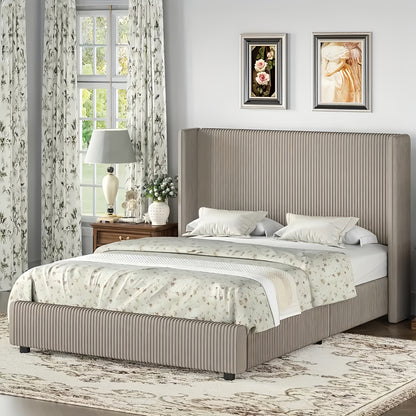 Bedroom Furniture| Elegant Beige Corduroy Upholstered Bed Frame - Soft, Low Profile Platform Bed with Vertical Tufted Headboard, No Box Spring Needed, Easy Assembly, Hardwood Fiber Board, Full Body Support, Bed Accessories