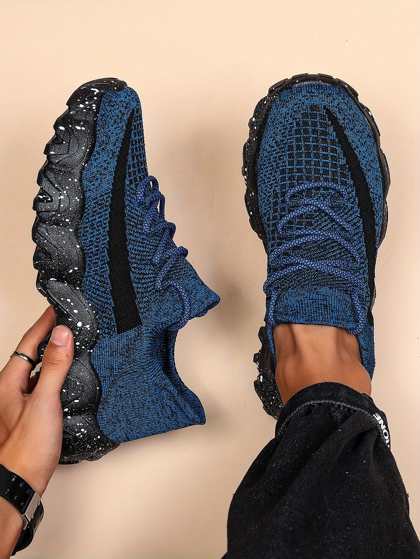 Men'S Casual Sneakers - Breathable Knit Upper, Geometric Pattern, Lace-Up Closure, Durable Rubber Sole, Comfortable Fabric Lining for Spring Sports & Casual Attire, Athletic Footwear | Geometric Pattern Shoes | Knit Construct