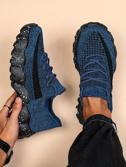Men'S Casual Sneakers - Breathable Knit Upper, Geometric Pattern, Lace-Up Closure, Durable Rubber Sole, Comfortable Fabric Lining for Spring Sports & Casual Attire, Athletic Footwear | Geometric Pattern Shoes | Knit Construct