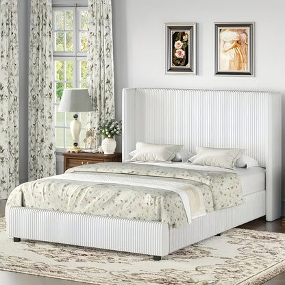 Bedroom Furniture| Elegant Beige Corduroy Upholstered Bed Frame - Soft, Low Profile Platform Bed with Vertical Tufted Headboard, No Box Spring Needed, Easy Assembly, Hardwood Fiber Board, Full Body Support, Bed Accessories
