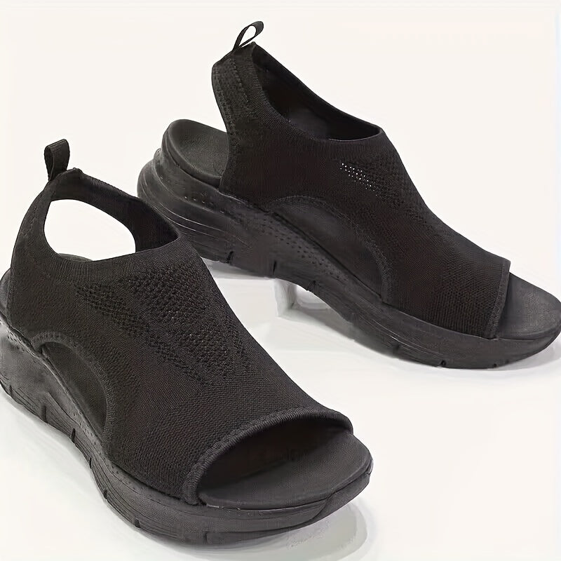 [Knitted Sandals] Lightweight Women's Knitted Cut-out Sandals | Solid Color Open Toe Slip On Shoes, Wedge Shoes