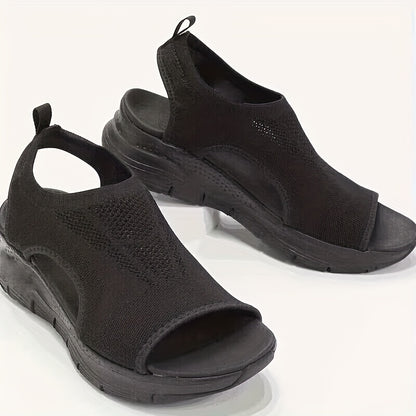 [Knitted Sandals] Lightweight Women's Knitted Cut-out Sandals | Solid Color Open Toe Slip On Shoes, Wedge Shoes