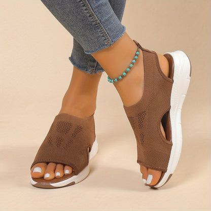 [Knitted Sandals] Lightweight Women's Knitted Cut-out Sandals | Solid Color Open Toe Slip On Shoes, Wedge Shoes