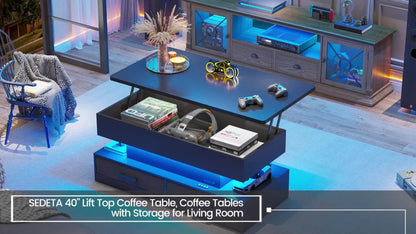 40" Lift-Top Coffee Table with LED Light & Storage Shelves - Adjustable Height, USB-Powered Modern Design, Large Capacity for Living Room, Bedroom, Office, Coffee Table for Living Room, Contemporary Furniture, Sleek Metal Fin