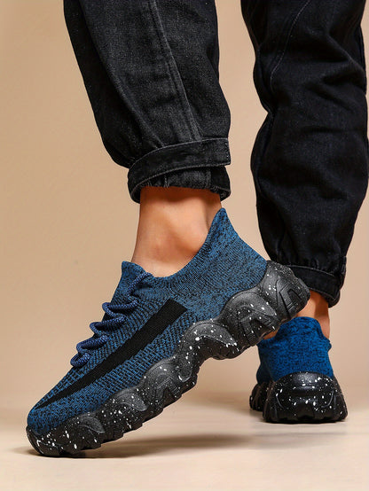 Men'S Casual Sneakers - Breathable Knit Upper, Geometric Pattern, Lace-Up Closure, Durable Rubber Sole, Comfortable Fabric Lining for Spring Sports & Casual Attire, Athletic Footwear | Geometric Pattern Shoes | Knit Construct