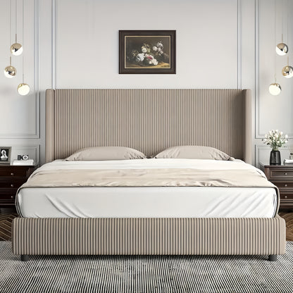 Bedroom Furniture| Elegant Beige Corduroy Upholstered Bed Frame - Soft, Low Profile Platform Bed with Vertical Tufted Headboard, No Box Spring Needed, Easy Assembly, Hardwood Fiber Board, Full Body Support, Bed Accessories