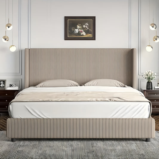 Bedroom Furniture| Elegant Beige Corduroy Upholstered Bed Frame - Soft, Low Profile Platform Bed with Vertical Tufted Headboard, No Box Spring Needed, Easy Assembly, Hardwood Fiber Board, Full Body Support, Bed Accessories