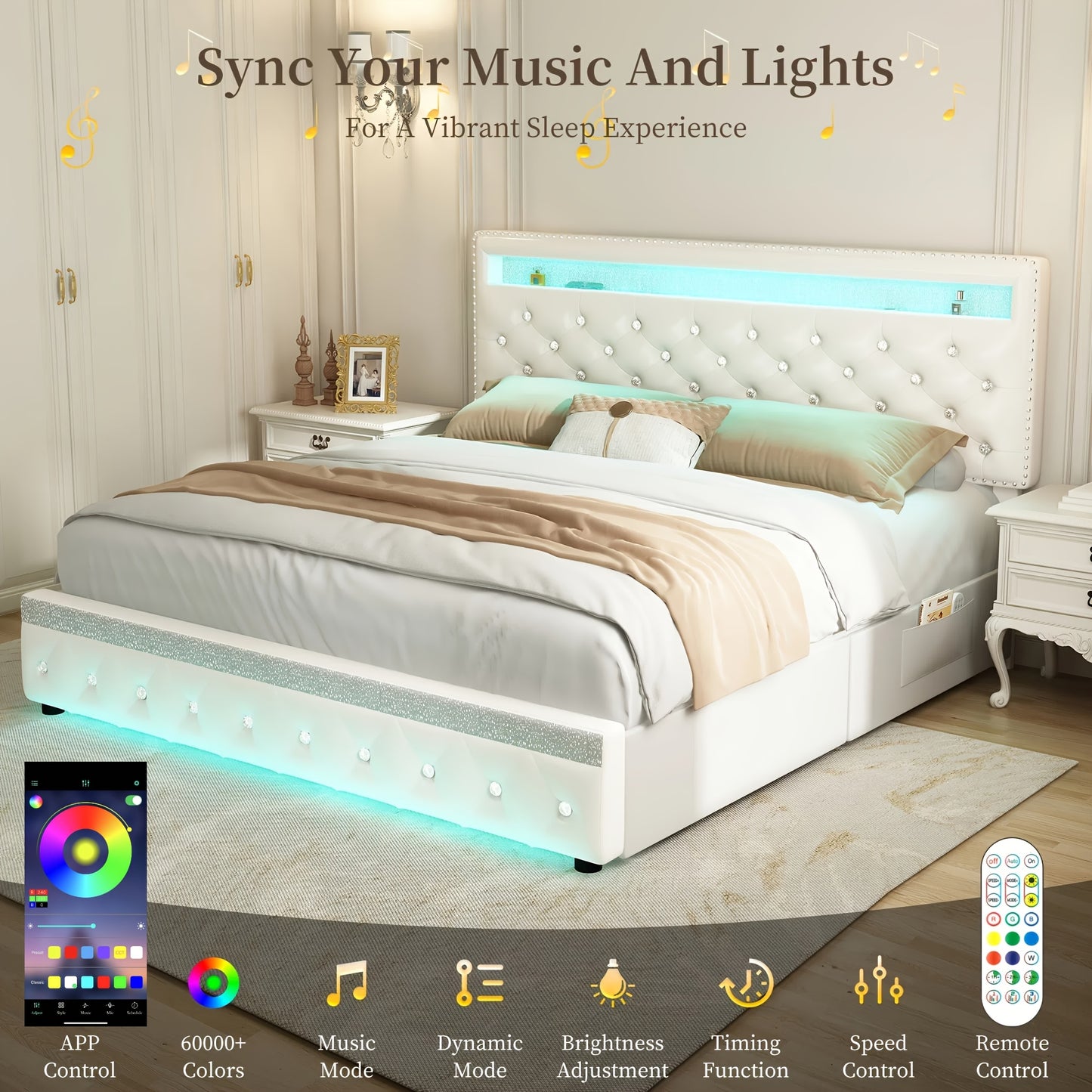 Sibeds Queen Size Bed Frame With LED Lights, Upholstered Bed Frames Full With 2 Storage Drawers, King Size Platform Bed With Adjustable Crystal Button Tufted Headboard, No Box Spring Needed, PU Luxury Beds Girls Men'S Bedroom