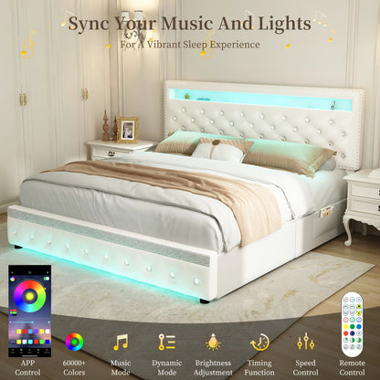 Sibeds Queen Size Bed Frame With LED Lights, Upholstered Bed Frames Full With 2 Storage Drawers, King Size Platform Bed With Adjustable Crystal Button Tufted Headboard, No Box Spring Needed, PU Luxury Beds Girls Men'S Bedroom