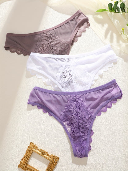 3 Pcs Sexy Lacy Trim Briefs, Breathable Semi-Sheer Thong - Women's Lingerie & Underwear - Lace Trim & Breathable Fabric - For Women - Perfect for Romantic Occasions - Ideal Gift for Her
